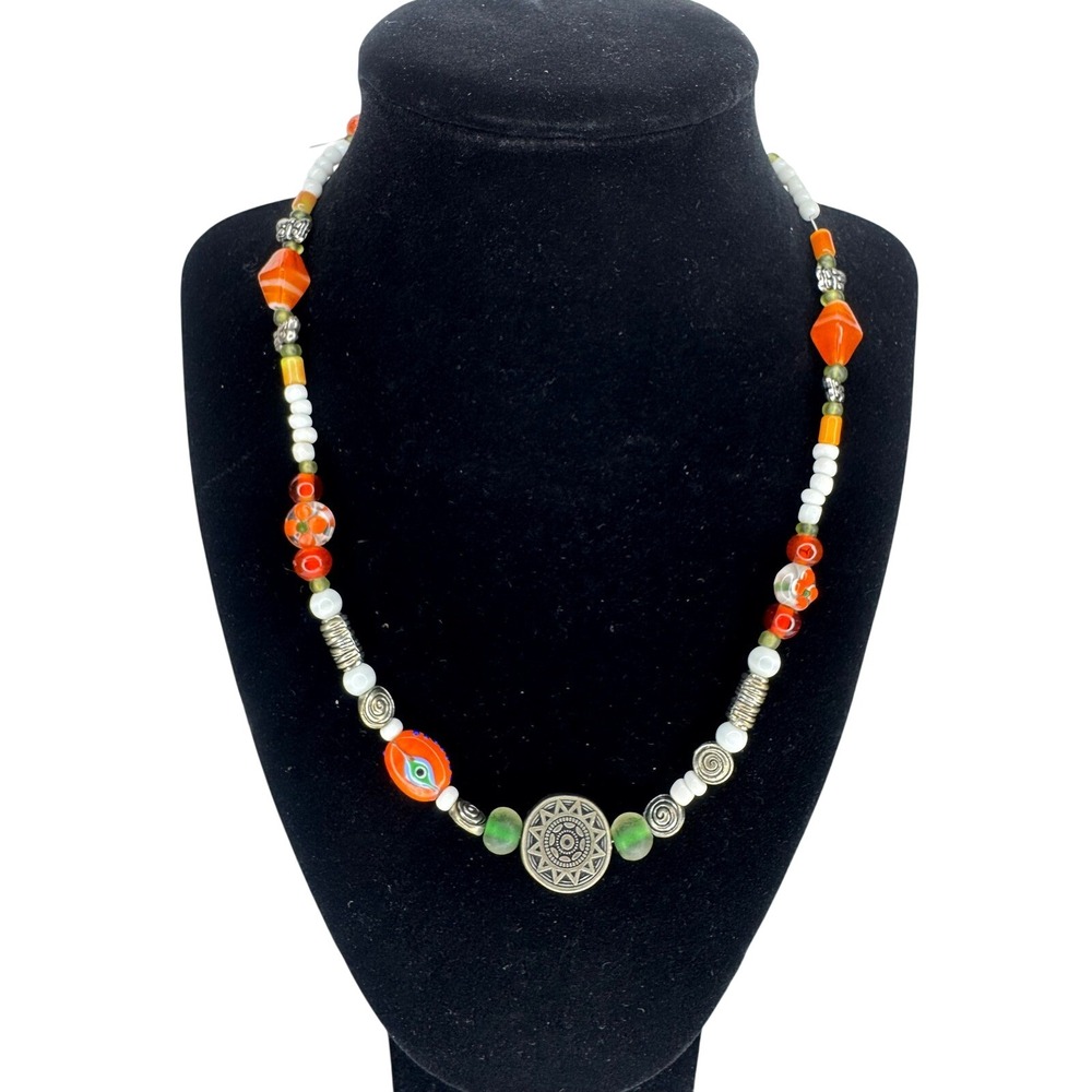 Handmade Y2K Beaded Necklace Orange White Sun Medallion Boho Vintage Beads 18in